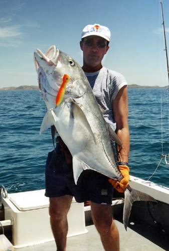 carangue ignobilis, ulua, pche par Mr Jean Thomas  Nosy B, Madagascar, sur un leurre Orion : popper Magic Pop 165.
